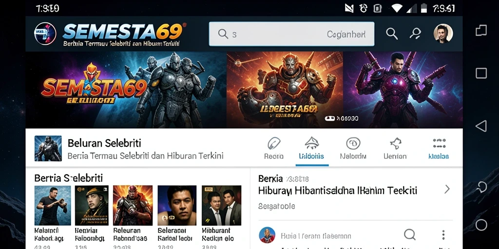 Antarmuka aplikasi SEMESTA69 menampilkan berita selebriti terkini secara menarik.