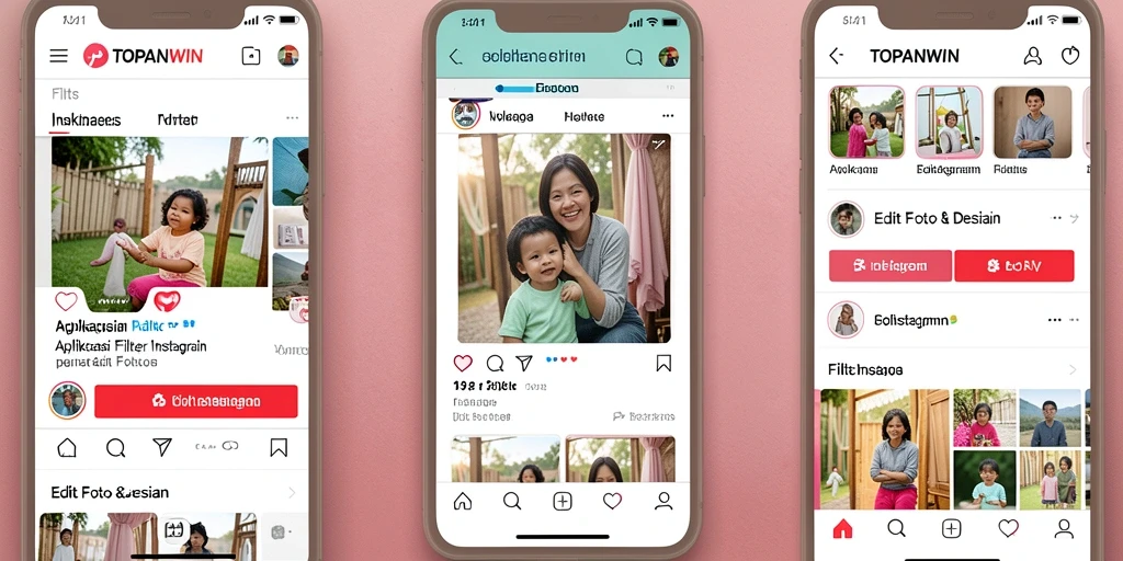 Tampilan antarmuka aplikasi TOPANWIN dengan berbagai pilihan filter Instagram.